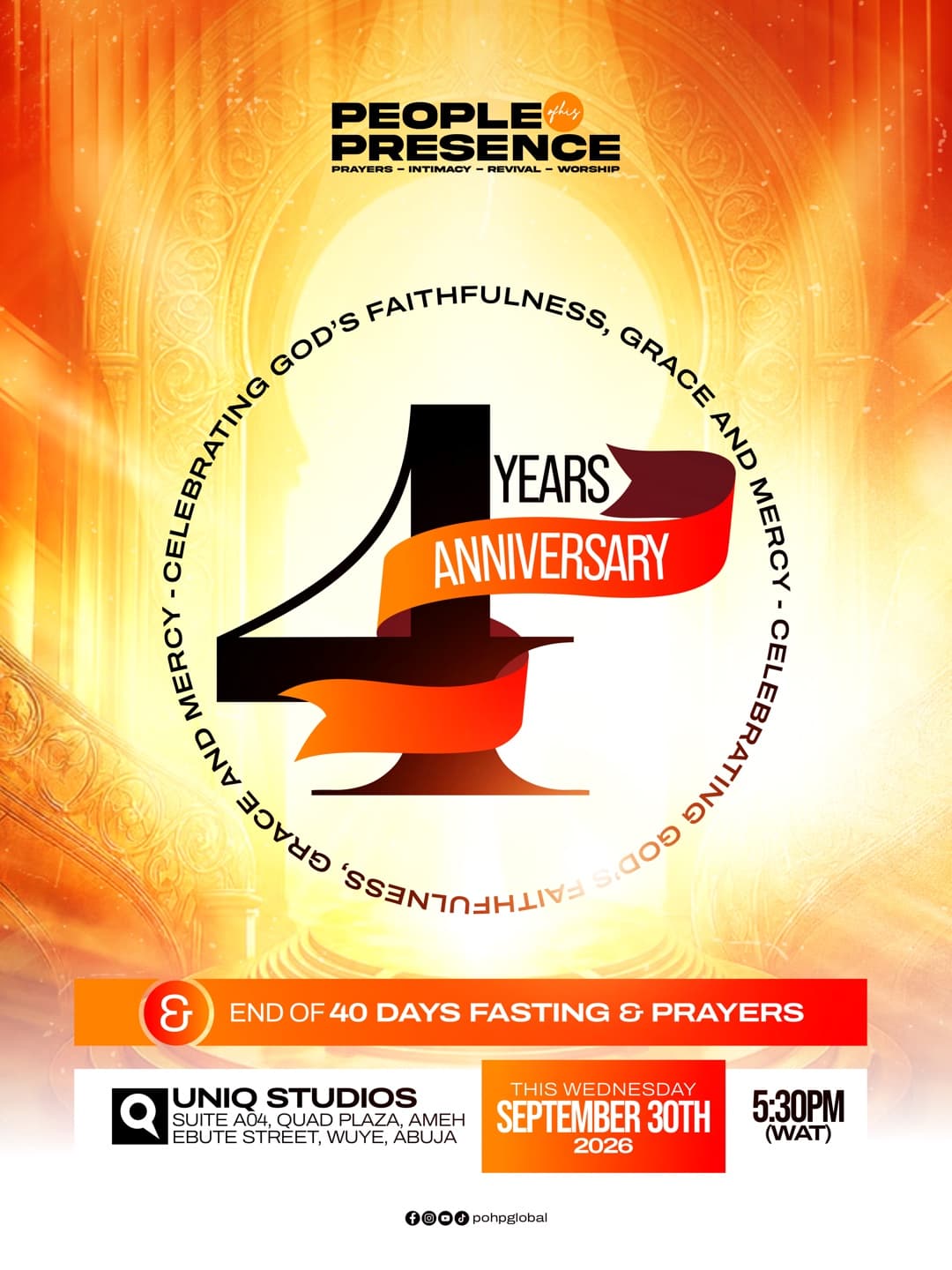 Four Years Anniversary flyer: celebrating God's faithfulness, grace and mercy, Wednesday September 30th 2026 at 5:30PM, Uniq Studios, Wuye, Abuja